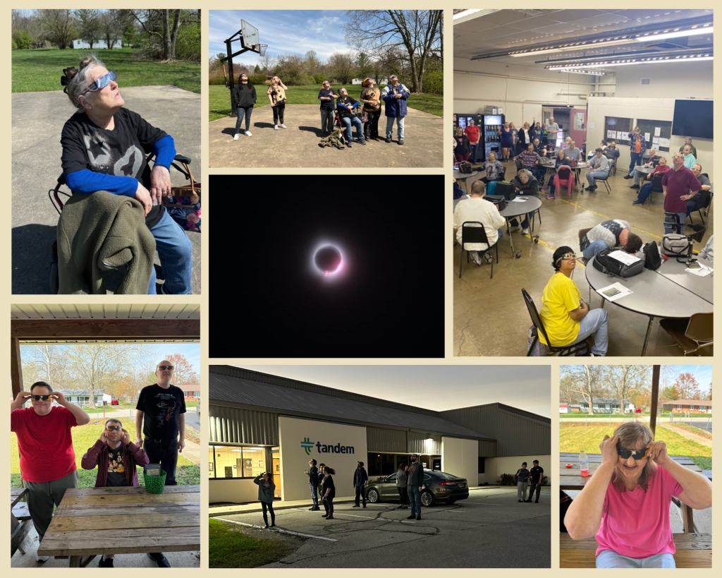 Photo collage of several individuals standing outside, wearing solar eclipse safety glasses, and looking at the sky.