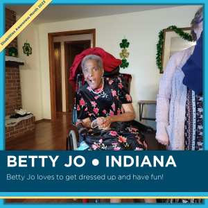 Photo of Betty Jo from Indiana. It says, "Betty Jo loves to get dressed up and have fun!"