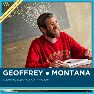 Photo of Geoffrey from Montana. It says, "Geoffrey likes to go out to eat!" 