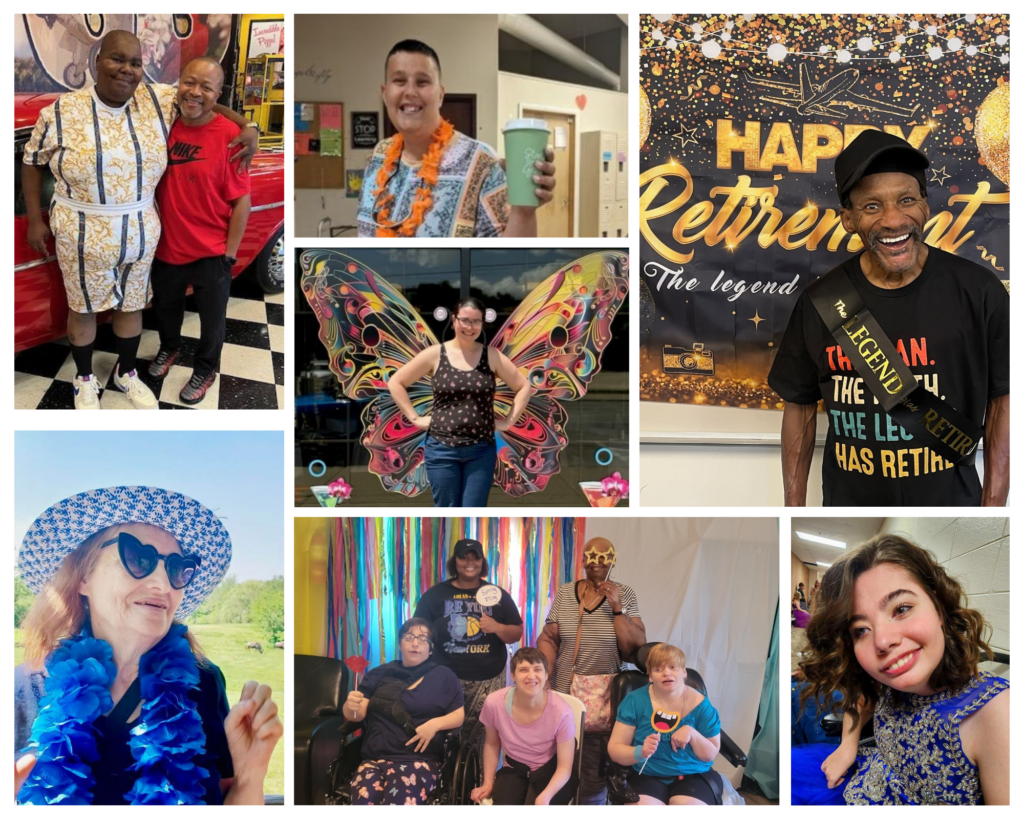 Photo collage featuring a woman in a blue sunhat, two people hugging next to a vintage car, an individual wearing a lei and holding up a beverage, a young woman standing in front of a butterfly mural, a group of people holding up props, a gentleman at his retirement party, and a young woman dressed for a fancy event. 