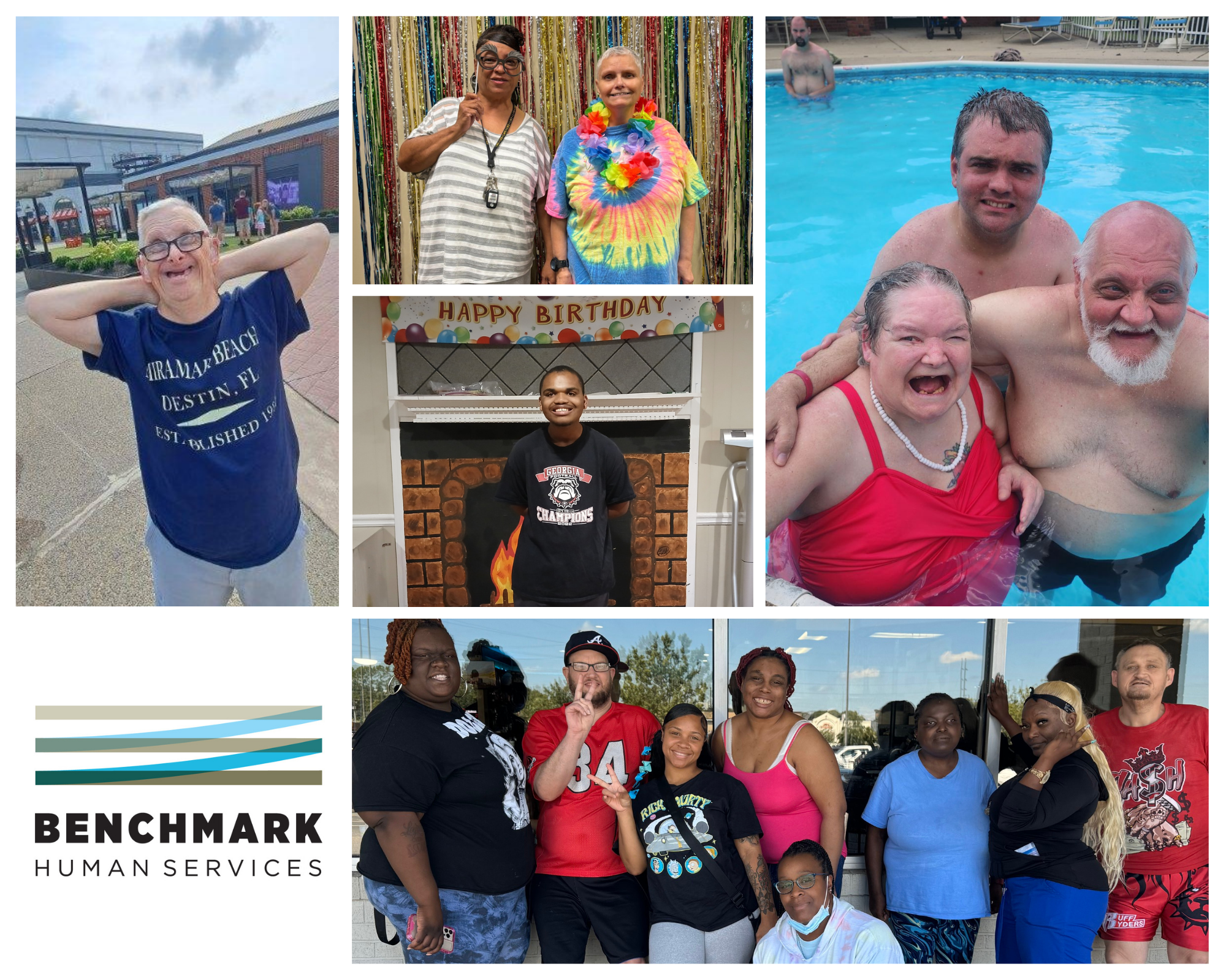 Photos of individuals smiling, spending time outside and in the swimming pool, enjoying summer. 