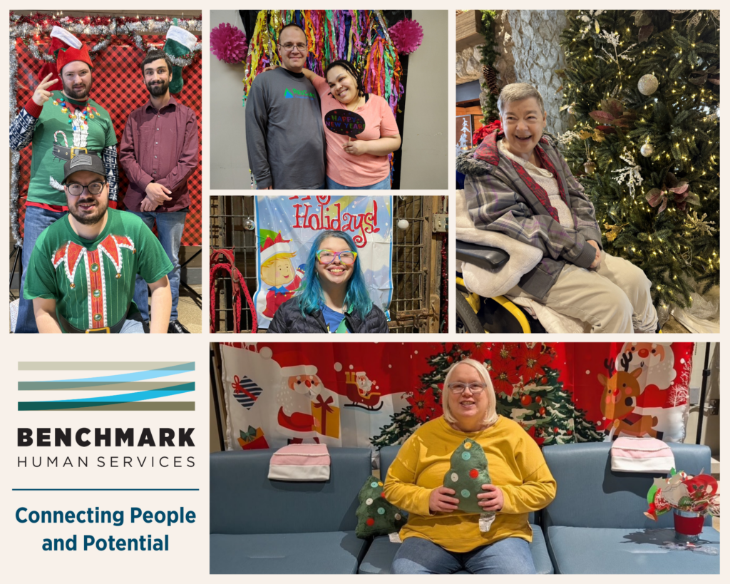 Photos of people posing in front of Christmas decorations, one person is wearing a yellow shirt and holding a plush Christmas tree, two people are standing in front of colorful ribbon to celebrate New Year's.