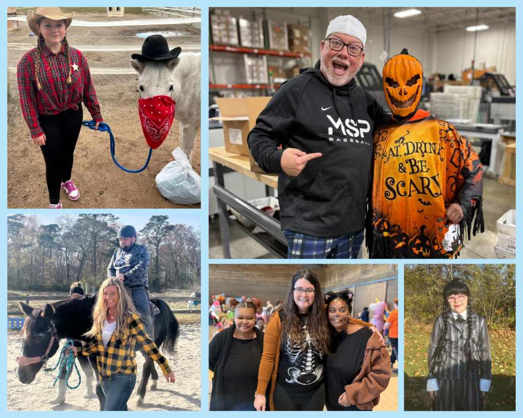 Photo of someone riding a horse with assistance, a young girl and her horse dressed up for Halloween (they are both wearing hats!), photos of a man smiling and posing with someone in a pumpkin-themed Halloween costume, a young girl dressed up like Wednesday Addams.