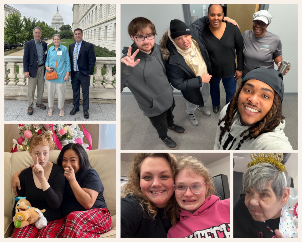 Photo of three people standing outside Capitol Hill in Washington D.C., a group of people smiling in a selfie, a woman celebrating her birthday, and two women in matching pajamas by a Christmas tree.